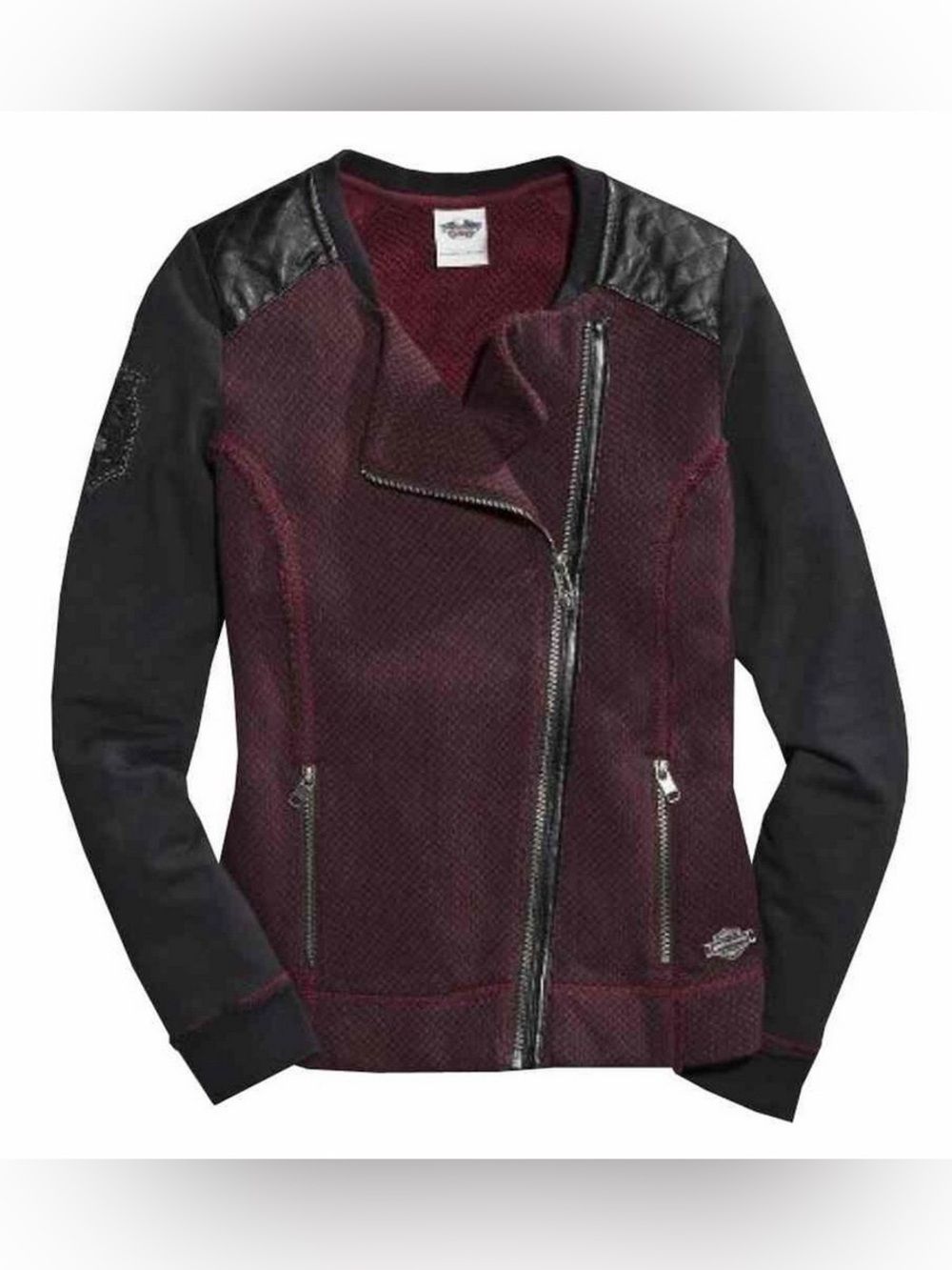 Harley Davidson Burgundy Gothic Asymmetrical Zip Jacket with Leather Shoulders